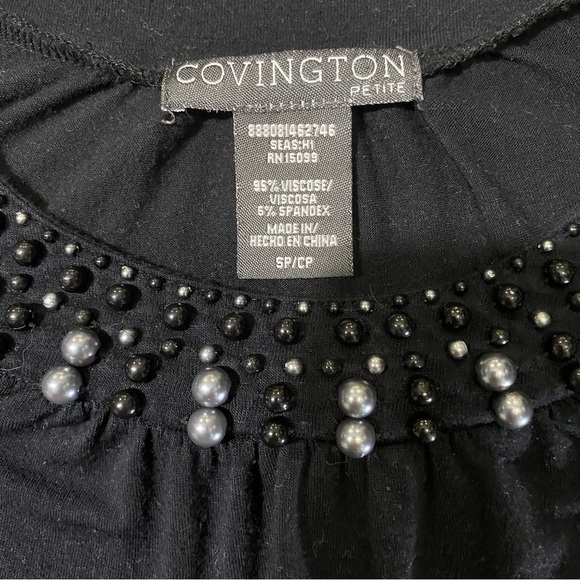 Covington Women’s PS Black Short Sleeve Dress Shirt Top Pearl Embellished Collar - Picture 3 of 9